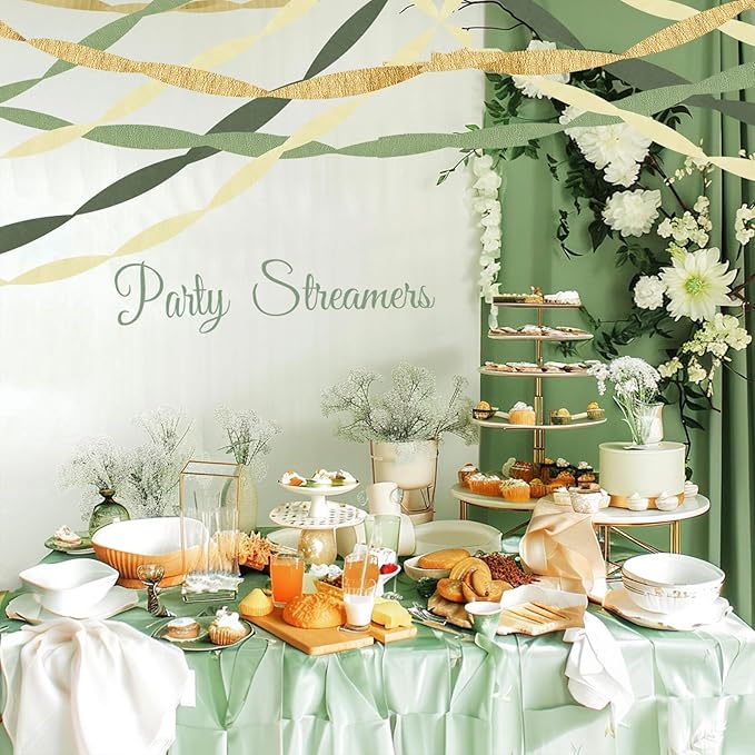 Birthday Baby Shower Decorations, Sage Green Gold Crepe Paper Streamers Party Decorations(5 Rolls) for Camp Bachelorette, Bridal Shower,Engagement Woodland Safari Boho Party Decor Women Adults