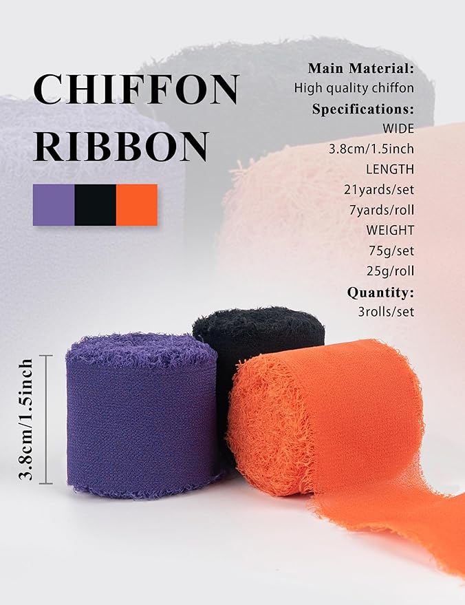 Halloween Ribbon, Black Orange Purple Silk Chiffon Ribbon, 1-1/2''x21Yd Handmade Frayed Fringe Ribbon for Wrapping, Halloween Party Supply, Floral Vase Decor, Birthday, 3 Rolls