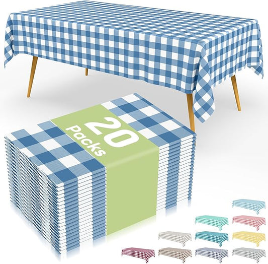 Smiry 20 Packs Gingham Disposable Table Cloth, 54 x 108 Inch Waterproof Plastic Tablecloth, Rectangle Aqua and White Checkered Table Covers for Picnic, Birthday, Party