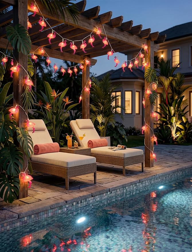 Flamingo String Lights, 12FT 20 LED Summer String Lights with UL Certified Plug, Waterproof Tropical Party Decorations for Patio, Warm White Hawaiian String Light for Garden Backyard Bedroom Decor