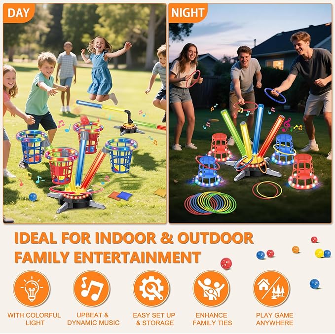 TERRAMUS 3 in 1 Bean Bag Ring Toss Game for Kids, Rechargeable Musical Jumping Games w/LED Light & Remote, Electric Spinning Base, Sandbags, Rings, Carnival Indoor Outdoor Sport Toy for 3+ Boys Girls