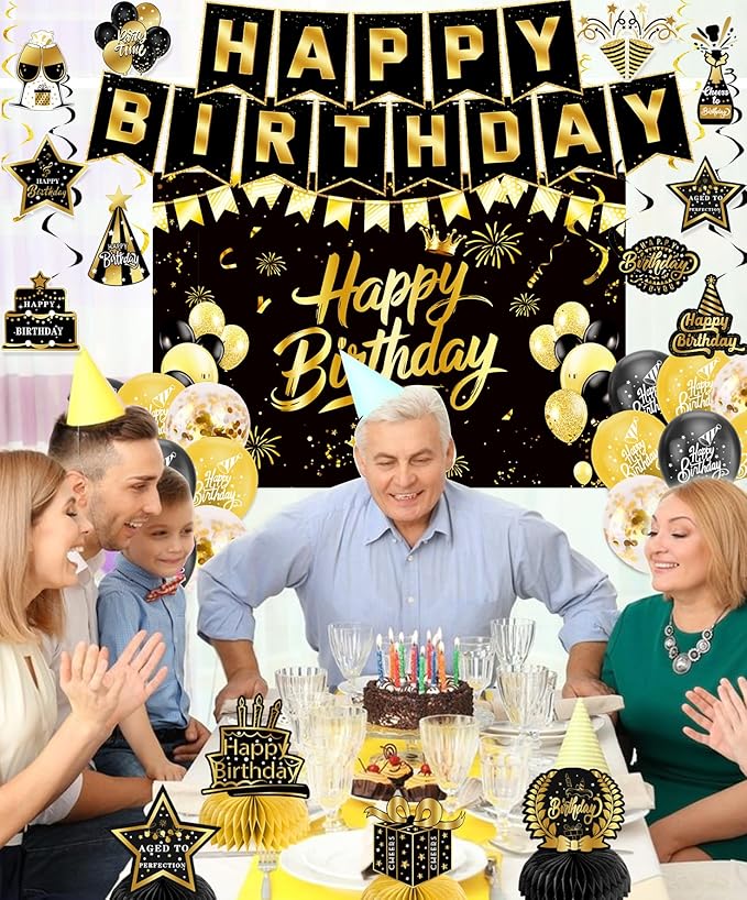Black Gold Birthday Decorations for Men Women, Pre-Strung Happy Birthday Banner with Backdrop, Balloons,Honeycomb Centerpieces & Streamers Kit