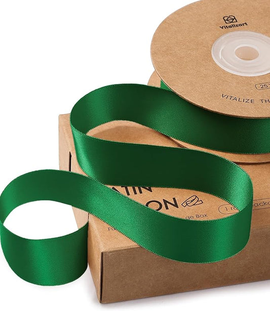 Vitalizart Green Ribbon for Gift Wrapping 1" x 25Yd Double Face Continuous Functional Satin Ribbon for Crafts Silk Like Fabric Flower Bouquet Birthday Party Decorations Bridal Shower Wreath Hair