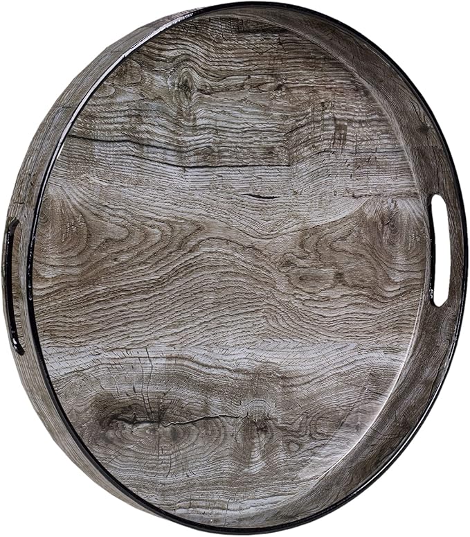 MAONAME 13" Round Decorative Tray, Plastic Tray with Handles, Coffee Table Trays, Serving Trays for Ottoman, Bathroom, Kitchen (Sticker Wood Grain)