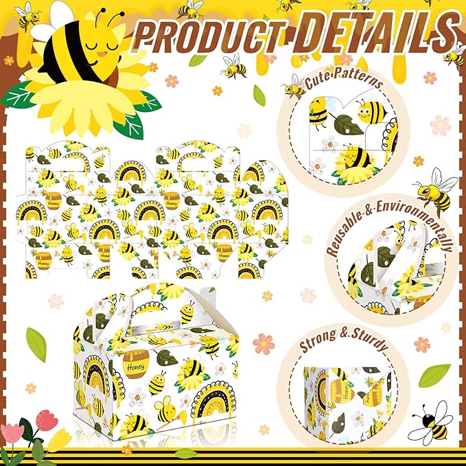 Dunzoom 24 Pcs Bee Festival Decor Bee Gnome Boxes Candy Boxes with Handles Treat Goodie Gift Bags for Birthday Baby Shower Party Supplies