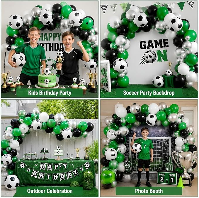 Soccer Balloons, 12 Inch Green Black White Metallic Silver Latex Balloons with Soccer Ball 4D Foil Balloon for Boys Kids Sport Theme Birthday Decorations Football Lover Men Party Baby Shower Decor