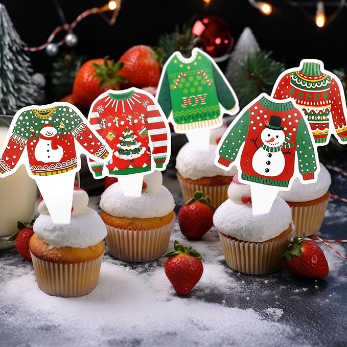 Ugly Sweater Cupcake Toppers, 36 PCS Christmas Cupcake Toppers Party Decorations, Christmas Holiday Cake Decoration Food Picks Topper for Xmas Winter Birthday Party Decorations Supplies, 6 Designs