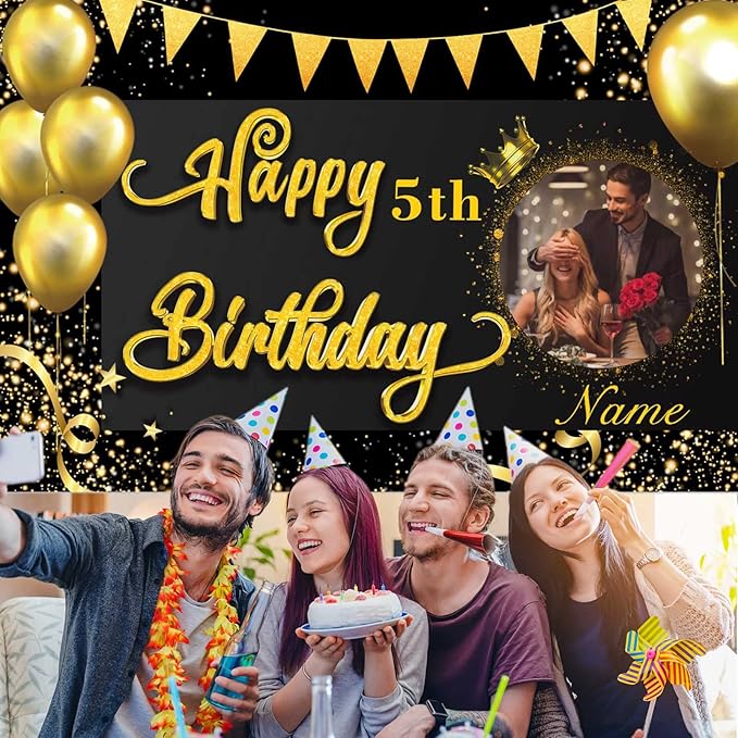 Custom Black and Gold Happy Birthday Party Decorations Supplies Personalized Black and Gold Birthday Backdrop Banner(4x6ft)