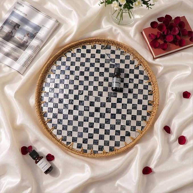 13.8” Round Rattan Tray with Mother of Pearl Inlay, Handwoven Wicker Coffee Table Serving Basket Tray for Fruit Snack Party Picnic Cafe Bedroom Kitchen Home Decor 1 Pcs (Chessboard)