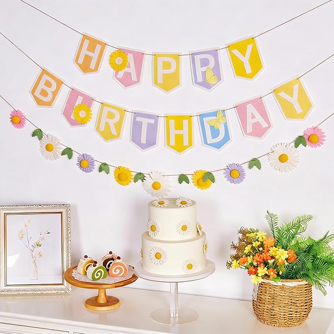 SUNBEAUTY Felt Pastel Happy Birthday Banner Daisy Garland Banner Colorful Floral Green Leaves Garland Daisy Party Decorations for Women Girls Boho Birthday Baby Shower Spring Summer Garden (8.2ft)