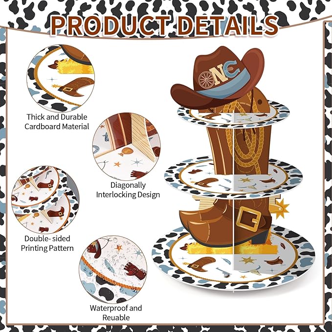 Zopeal 3 Tier My First Rodeo Decoration Cupcake Stand Western Birthday Cupcake Holder Cowboy Cake Holder Cowboy Dessert Stand for Wild West Boy Baby Shower Birthday Party Supplies