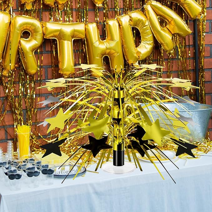 6 Pcs Black and Gold Centerpieces for Tables Star Party Decorations Metallic Foil Spray Centerpieces for Graduation Birthday Event Photo Booth Props, 8.7 Inch Tall