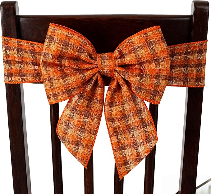 Meseey 4 Inch x 10 Yards Orange Brown Beige Plaid Wired Ribbon, Fall Burlap Wired Edge Ribbons for Large Wreaths, Big Bows, Gift Wrapping, Thanksgiving & Halloween Outdoor Decor (Brown/Orange)