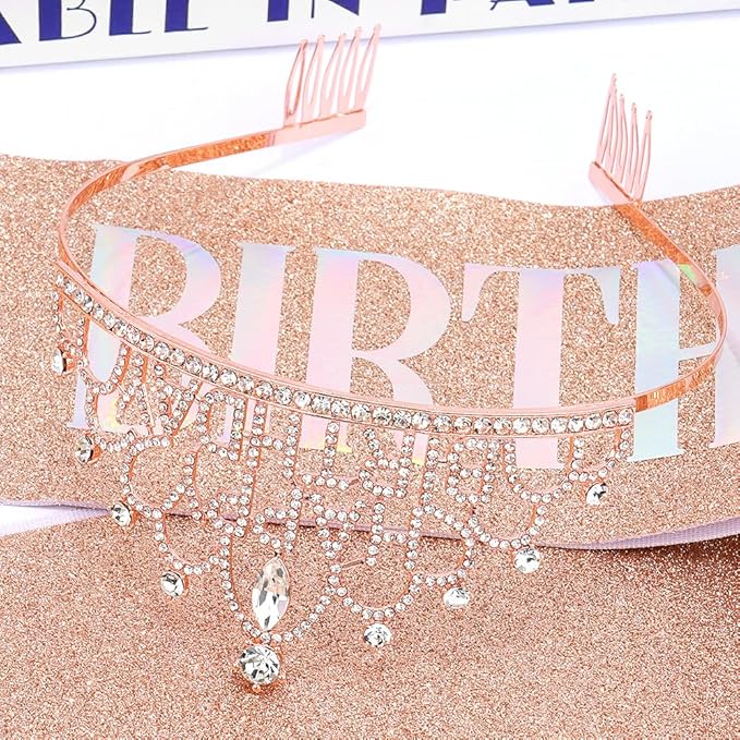 Rose Gold Birthday Crown and Sash for Women Girls Rose Gold Tiaras for Women Crowns for Girls Princess Crown Rhinestone Happy Birthday Hair Accessories