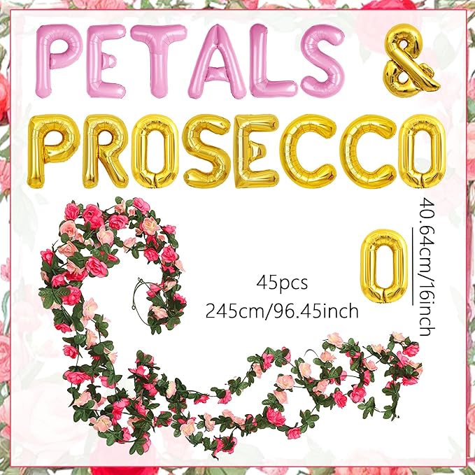 Petals And Prosecco Bridal Shower Decorations Artificial Pink Flowers Garland Prosecco Balloons Spring Roses Floral Hanging Garland Vine Wedding Party Supplies
