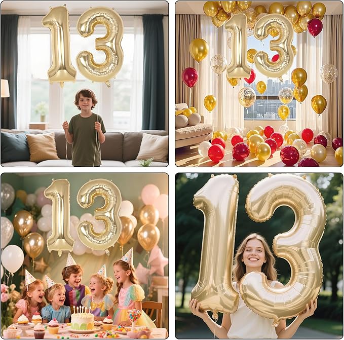 Champagne Large Number 13 Balloon, 40 Inch Light Gold Foil Helium Number Balloons, Giant Mylar Number 13 Balloons for 13 Years Old Birthday Party Anniversary Decorations (Champagne Gold 13)