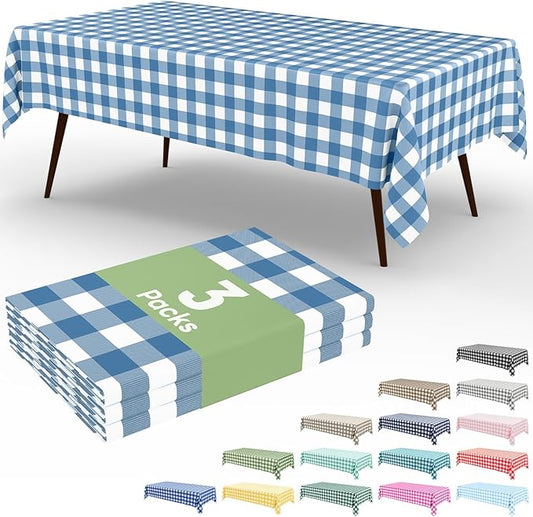Smiry 3 Pack Aquamarine Gingham Disposable Tablecloths - 54" x 108" Heavy Duty Plastic Table Cloth, Waterproof Buffalo Plaid Table Covers for Picnic, Banquets, Parties