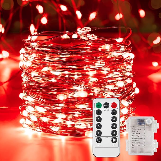 Ariceleo 1 Pack 32.8 Ft. Battery Operated Outdoor String Lights with Remote & Timer, LED Red Fairy Lights, Waterproof Twinkle Lights for Bedroom, Dorm, Mason Jar, Wedding, Party, Christmas