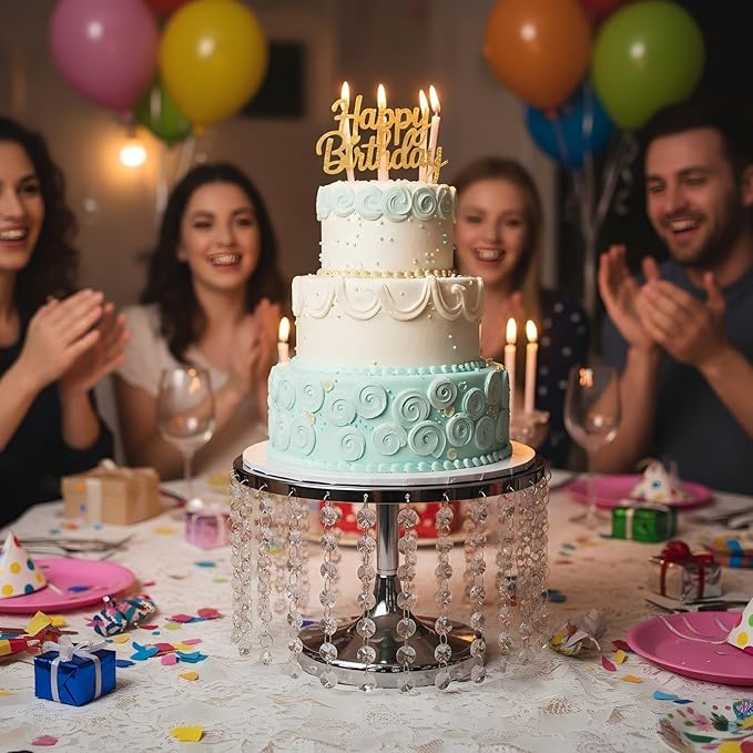 Cake Stand for Dessert Table 10 Inch Silver Crystal Pendants Metal Cake Stand Serves as A Round Dessert Cupcake Display Plate for Table, Wedding, Party, Event
