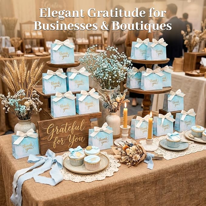 VGOODALL Thank You Gift Bags, Light Blue Party Favor Bags with Gold Lettering and Bow Ribbon, 24 Pack, for Wedding Bridal Baby Shower Birthday