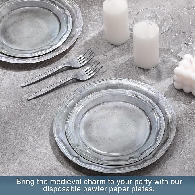 Jingmore 180 Pcs Medieval Party Supplies Disposable Pewter Paper Plates and Forks Tableware Set for Pirate Knight Castle Halloween Decorations Dinner Silver Grey 9" and 7'' Serves 60(Design Style)