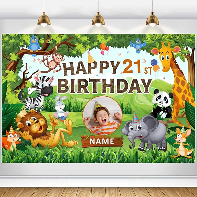 Custom Wild Jungle Theme 21st Birthday Decorations Banner - Personalized Fabric Banner for 21st Birthday Party Supplies