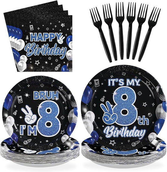 96 Pcs 8th Birthday Decorations for Boys Blue and Black Plates and Napkins Disposable Bruh It's My 8th Birthday Party Supplies for Graduation Boys Kids Teenager 8 Years Old Party Decor，Serves 24