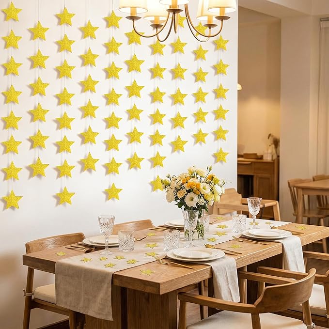 Glitter Gold Iridescent-Star-Garland 90FT – 240 Pcs Sparkling Star Streamers – Hanging Glitter Star Banner Backdrop for Birthday, Baby Shower, Wedding, Christmas Party Decorations (6 Packs)