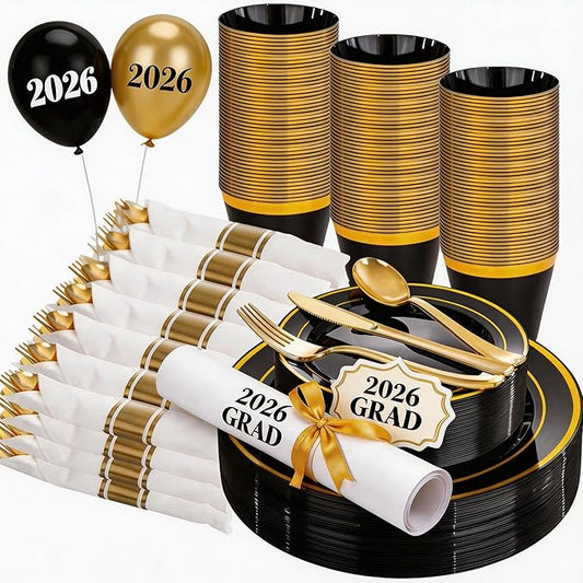 WELLIFE 350PCS Black and Gold Plastic Plates - Plastic Dinnerware Set for 50 Guests,Include 50 Dinner Plates, 50 Dessert Plates, 50 Black Cups 9 OZ, 50 Pre Rolled Napkins with Gold Silverware