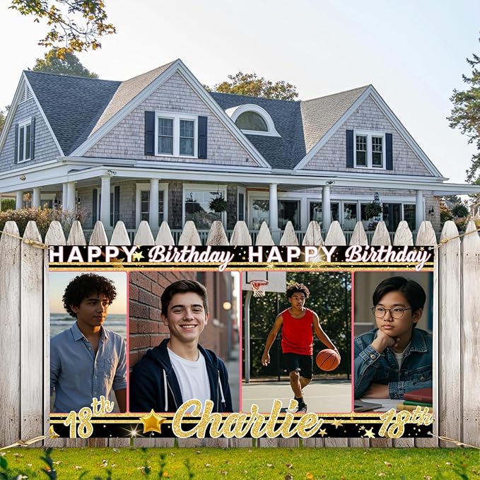 Personalized Happy Birthday Banner with Pictures, Custom Backdrop Decorations for Men Husband Him, Celebration Party Banner with Name for All Age Events