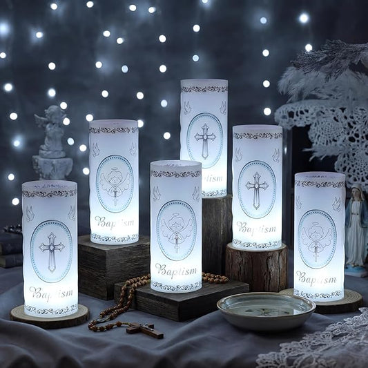 20 Pcs 10 Sets Baptism Centerpieces for Table Baptism Lantern Tea Light Holders with LED Candles Angel Cross Table Lantern for Easter First Communion God Bless Baby Shower Party Decor