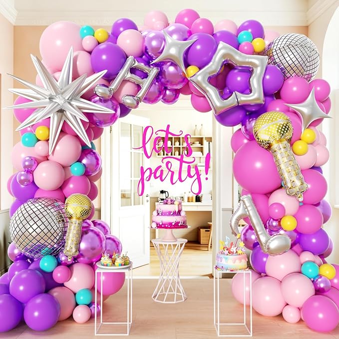 Kpop Balloon Garland Arch Kit 160Pcs with Star Microphone Disco Musical Symbols Foil Balloons, Songster Birthday Decoration for Music Fans Popular Singer Birthday Princess Party Decorations
