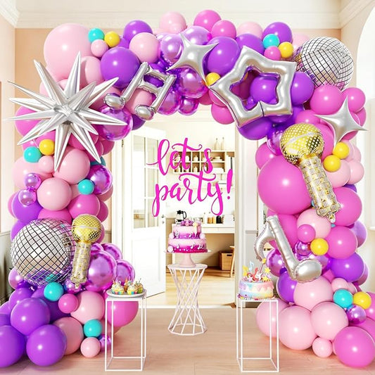 Kpop Balloon Garland Arch Kit 160Pcs with Star Microphone Disco Musical Symbols Foil Balloons, Songster Birthday Decoration for Music Fans Popular Singer Birthday Princess Party Decorations