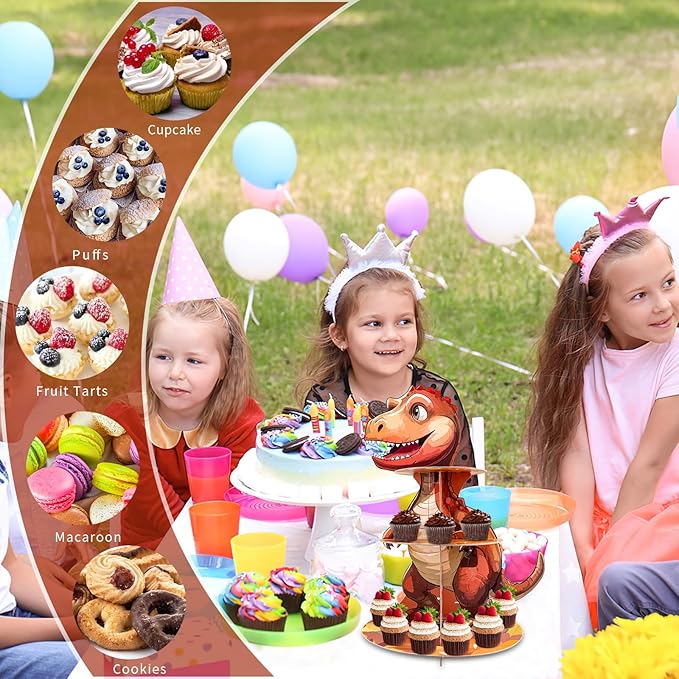 Dinosaur Cupcake Stand, 3 Tire Cupcake Stand Holder Dinosaur Themed Cup Cake Display Stand Dessert Tower Tiered Tray Stand for Kids Dinosaur Jungle Party Birthday Supplies (Dinosaur-1pcs)