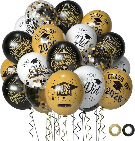 50 Pack Graduation Party Decorations Balloons Set - 12 Inch Graduation Balloons 2026 Black Gold Grad Balloon for Grad Party Decoration Supplies