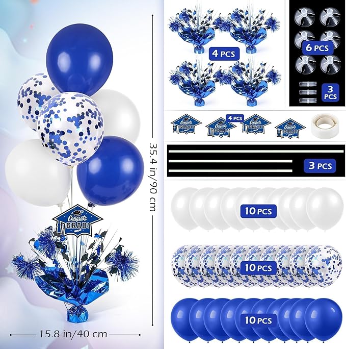 4 PCS Graduation Centerpieces for Tables Balloons Stand Holder Kit College Graduation Decorations 2026 Metallic Glitter Foil Balloon for Graduation Party Decorations Prom Send off Party(4, Blue White)