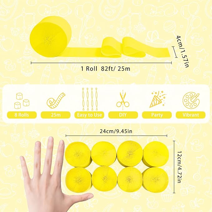8 Rolls Crepe Paper Streamers, Yellow Streamers Party Decorations for Baby Shower Bridal Shower Wedding Bachelorette Party Birthday Boho Decor
