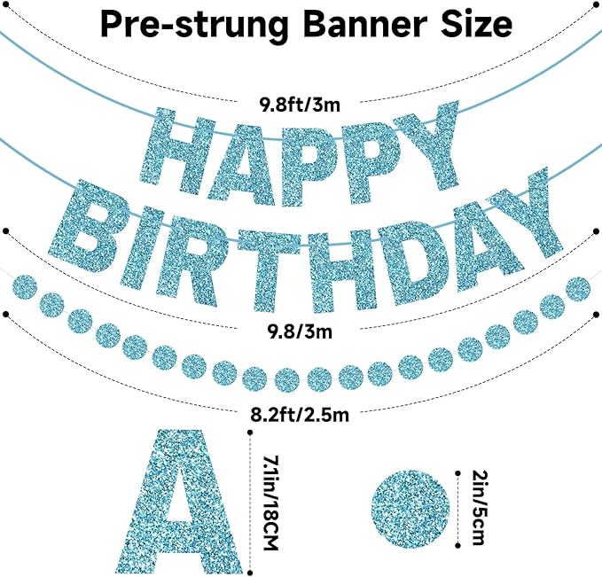 GCQQ Blue Happy Birthday Banner - 3M Glitter Light Blue Pre-Strung Banners and 2.5M Circle Dots Garland No DIY Birthday Party Decorations for Boys Girls Baby Shower Kids & Adults Birthday Backdrop