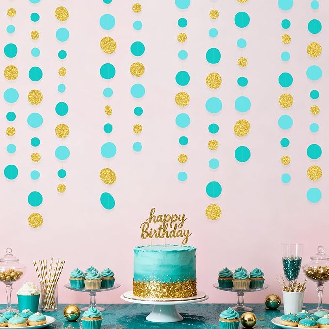 Teal Gold Party Polka Dot Garland Banner Aqua Turquoise Glitter Gold Hanging Paper Circle Dots Streamer for Birthday Baby Shower Wedding Engagement Bridal Shower Retirement Party Decorations Supplies