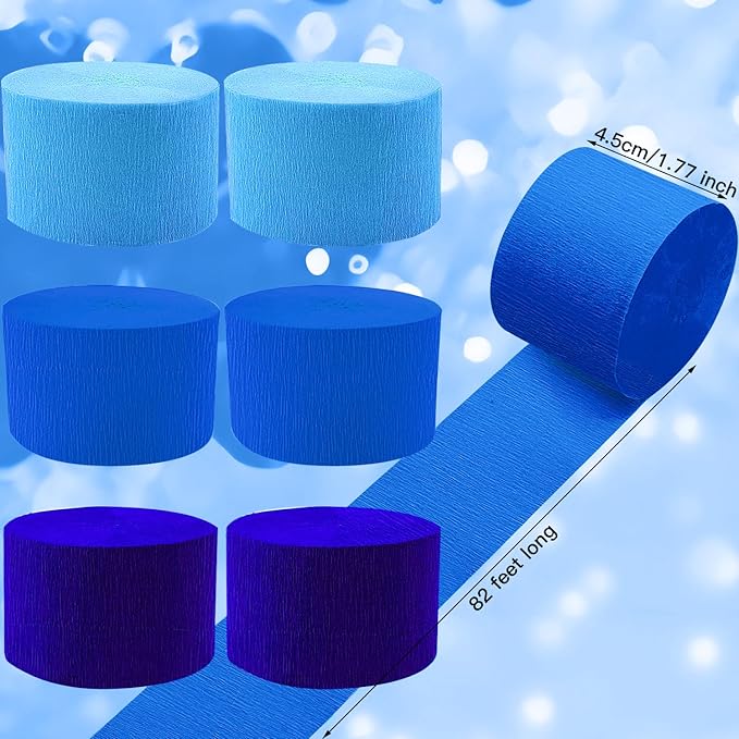Crepe Paper Streamers 6 Rolls 492ft, Blue Crepe Paper Decorations for Birthday Baby Shower Wedding Party Decor DIY Gift Wrapping, 1.77 Inch x 82 Ft/Roll