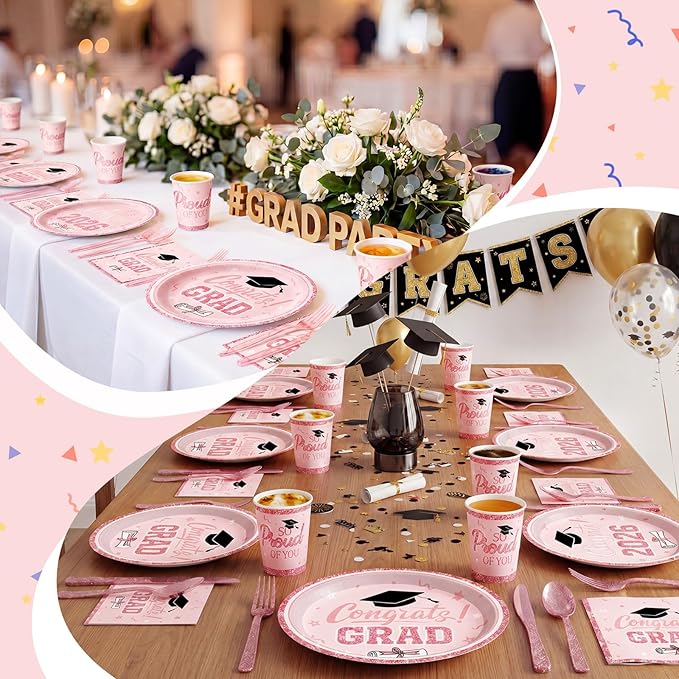 Pajean 350 Pcs Pink and Gold Graduation Decorations Class of 2026 Disposable 12 inch Oval Plates Napkins Heavy Duty Paper Oval Tableware Set for 50 Guests College High School Grad Party Supplies