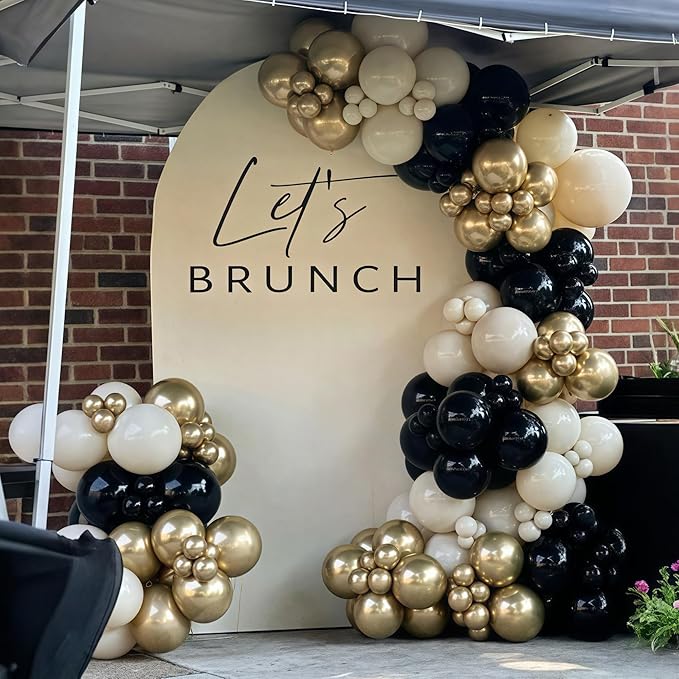 Black White Gold Balloon Garland Kit, 115Pc Beige Sand Black Cream Metallic Gold Balloon Arch Explosion Star Foil Balloons for Girls Women Birthday Bachelorette Graduation Coquette Party Decoration