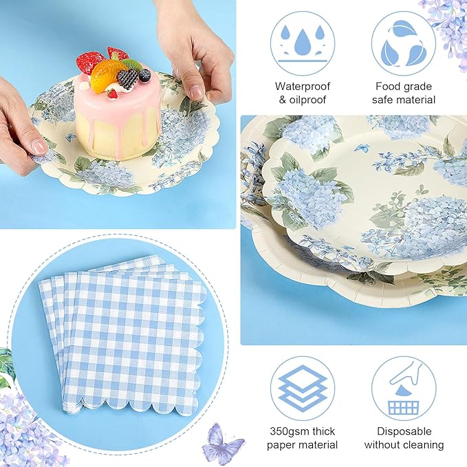 144 Pcs 48 Guests Hydrangea Party Plates and Napkins Blue White Hydrangea Paper Plates Napkins Flower Floral Checkered Disposable Tableware for Vintage Baby Shower Wedding Tea Party Supplies