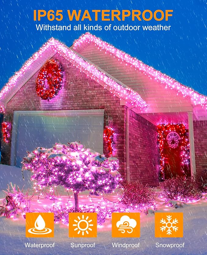 Pink Christmas String Lights, 40FT 120 LED Christmas Lights Outdoor Waterproof, 8 Modes Connectable Fairy Twinkle Lights for Outside House Garden Patio Party Holiday Decorations