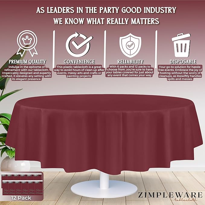 ZIMPLEWARE Premium Burgundy Plastic Table Cloth Disposable (12 Pack) Round Tablecloth (84in) Party Table Cloths Disposable, Perfect Table Cloth Round Cover for Any Table Up to 6 Feet