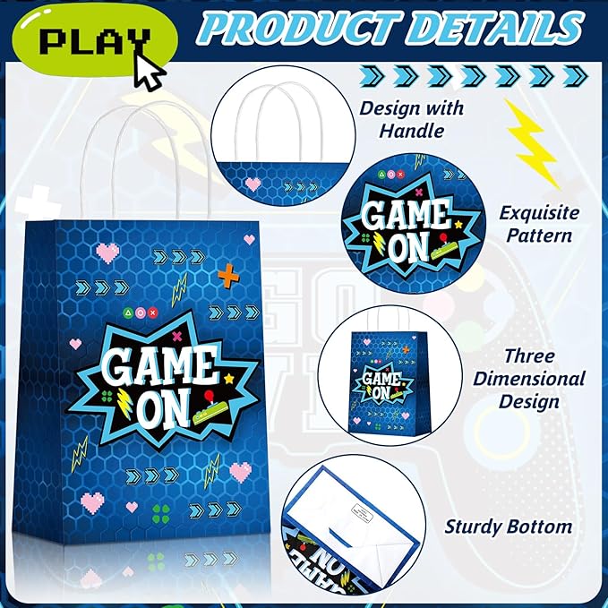 Yeaqee 24 Pcs Video Game Gift Bags Game Party Favor Goodie Candy Treat Gift Bags with Handle Gaming Paper Wrapping Bag for Kids Boys Birthday Party Supplies Gaming Themed Birthday Decoration