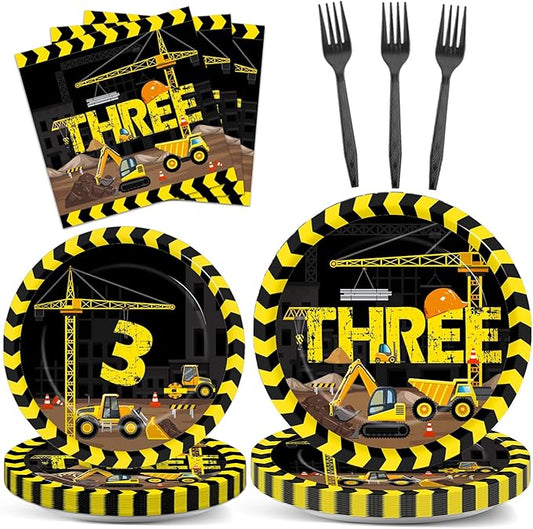 100 Pcs Construction Plates and Napkins Set 3rd Birthday Party Decorations Dump Truck Themed Party Favors for 25 People