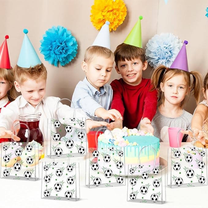 24Pcs Soccer Clear PVC Gift Bags With Handles Bulk 8 x 8 x 3 In Sport Theme Goodie Treat Candy Bags Soccer Team Present Wrap Tote Bag for Boys Birthday Party Favor Baby Shower Decorations Supplies