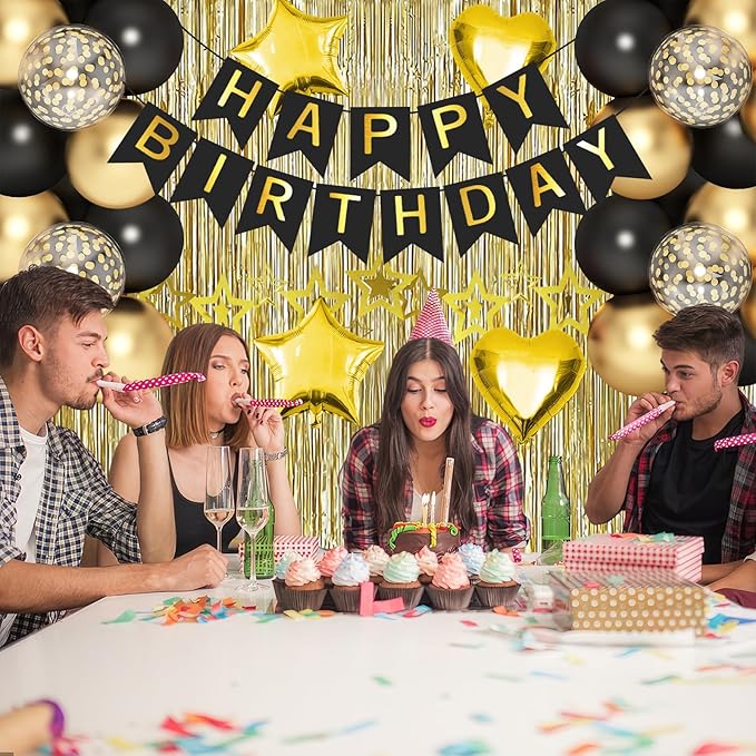 Black Gold Birthday Decorations, Gold Party Decorations Set with Birthday Banner, Black Gold Balloons, Gold Fringe Party Curtains, Hanging Swirls, Cake Toppers for Girls Women Men Kids Birthdays Party