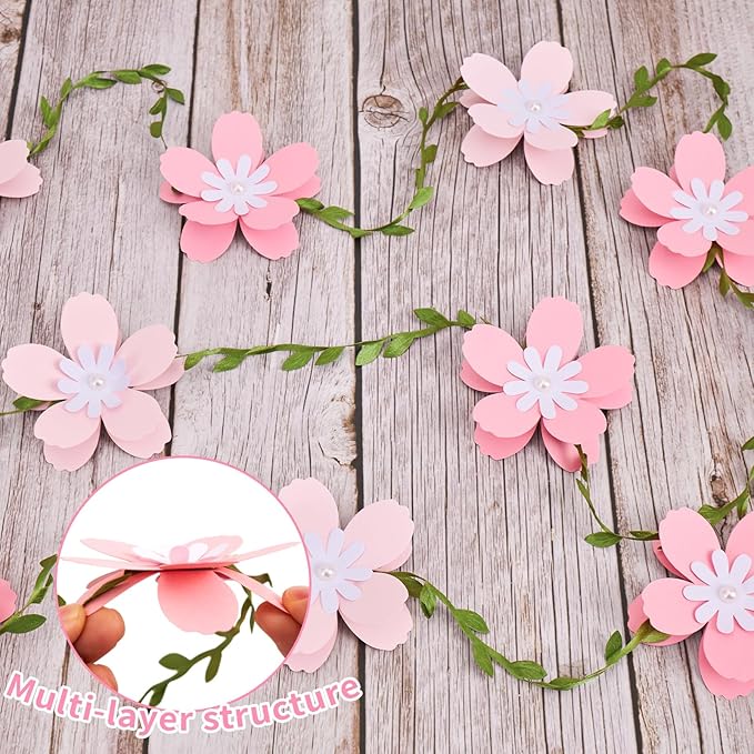 2PCS Cherry Blossom Flower Garland, Paper Cherry Flower Vines, Pink Flowers Garland for Home Wedding Garden Party Arch Office Decor